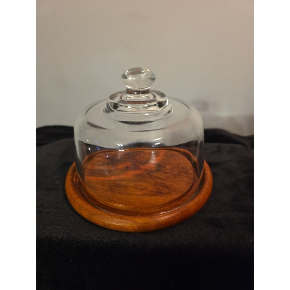 Vintage Goodwood Genuine Teak Wood Cheese Board Tray W/ Glass Dome Cloche